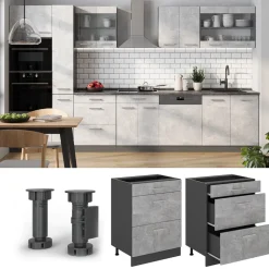 Küchenunterschrank R-Line Beton 60 cm mit Schubladen, ohne Arbeitsplatte Vicco