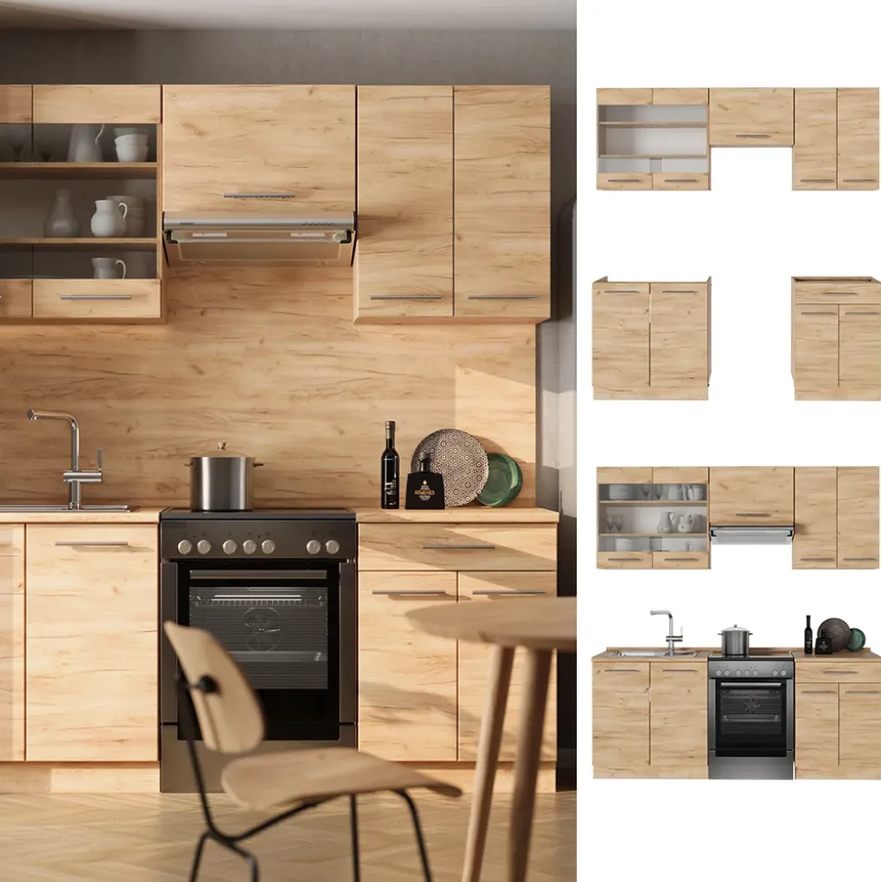 Küchenzeile Fame-Line Goldkraft Eiche 200 cm ohne Arbeitsplatte Vicco