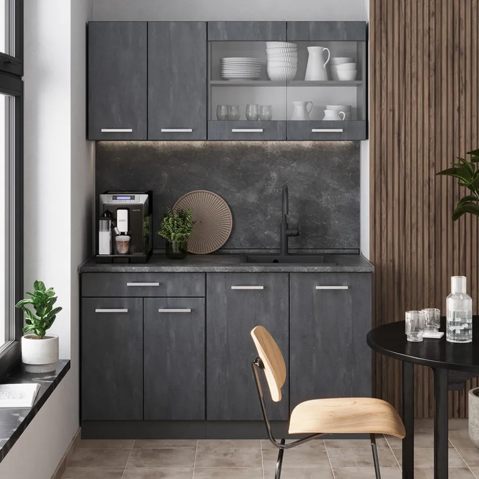 Küchenzeile R-Line Schwarz Beton/Anthrazit 140 cm AP Eiche Vicco