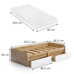 Kinderbett Clario Weiß/Artisan 90x200 cm mit Matratze Vicco