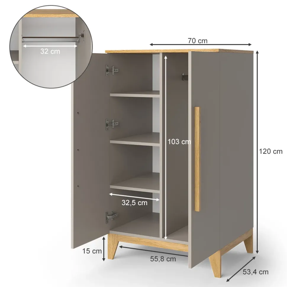 Kinderkleiderschrank Malia Cashmere/Eiche 70 x 120 cm Vitalispa