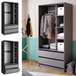 Kleiderschrank Elmo Anthrazit 100 x 200 cm mit 2 Schubladen Vicco