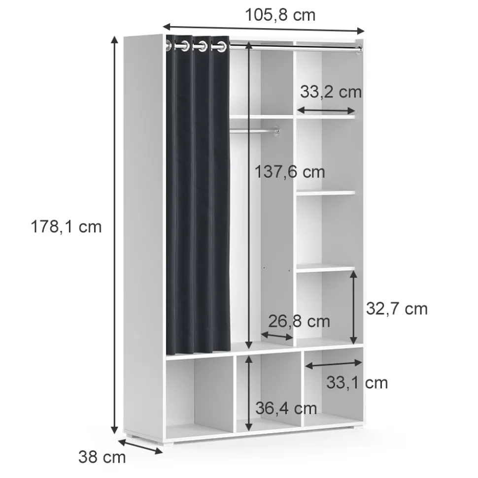 Kleiderschrank Luigi Weiß 38 x 178.1 cm mit Vorhang-Kleiderstange Vicco