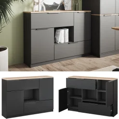 Kommode Betti Anthrazit/Sonoma 120 x 83.6 cm 2x Tür, 2x Schublade und 1x offenes Fache Vicco