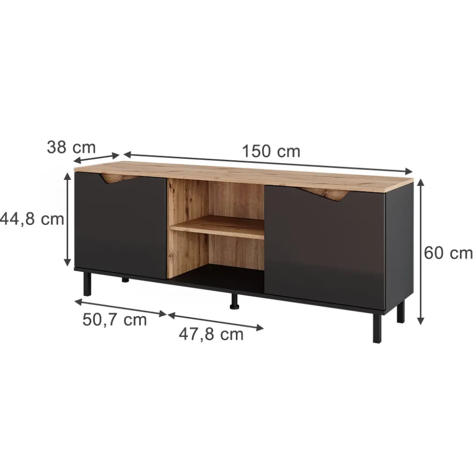 Lowboard Marelle Anthrazit/Artisan 150 x 60 cm mit 2 Türen Vicco