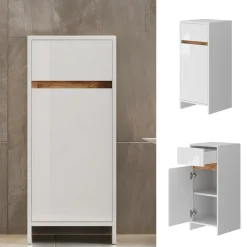 Midischrank Detmold Weiß Hochglanz/Goldkraft Eiche 35 x 82 cm mit Tür und Schublade Vicco