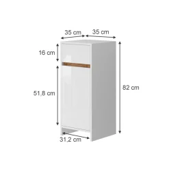 Midischrank Detmold Weiß Hochglanz/Goldkraft Eiche 35 x 82 cm mit Tür und Schublade Vicco