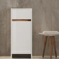 Midischrank Detmold Weiß Hochglanz/Goldkraft Eiche 35 x 82 cm mit Tür und Schublade Vicco