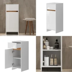 Midischrank Detmold Weiß Hochglanz/Goldkraft Eiche 35 x 82 cm mit Tür und Schublade Vicco