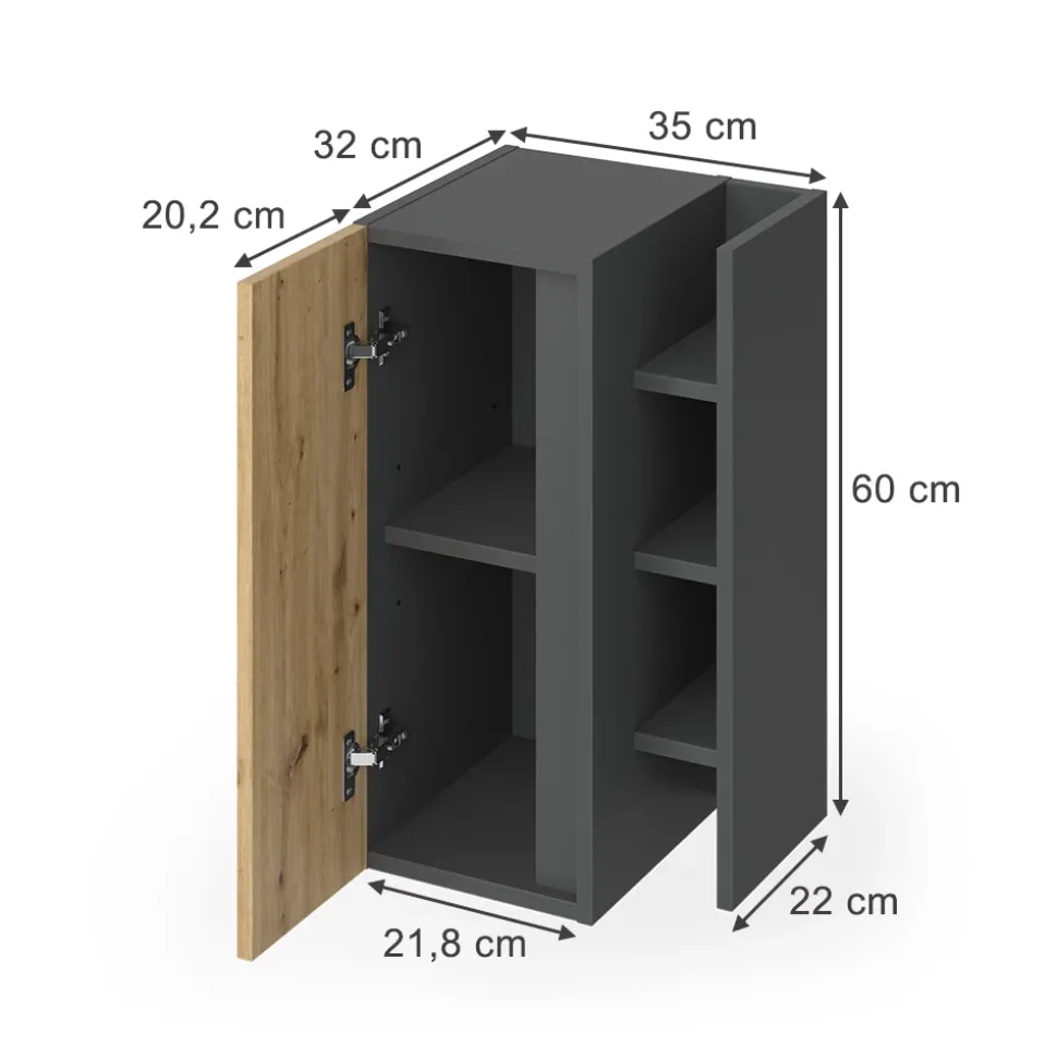 Midischrank Edelin Anthrazit/Artisan 35 x 60 cm mit 3 Ablagefächern Vicco