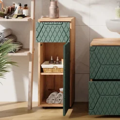 Midischrank Irma Grün/Goldkraft Eiche 30 x 81 cm mit 1 Schublade, 2 Fächer, Badezimmer Vicco