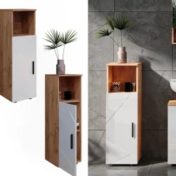 Midischrank Irma Weiß Hochglanz/Goldkraft Eiche 30 x 95 cm Vicco