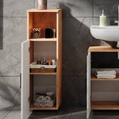 Midischrank Irma Weiß Hochglanz/Goldkraft Eiche 30 x 95 cm Vicco