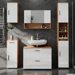 Midischrank Irma Weiß Hochglanz/Goldkraft Eiche 30 x 81 cm Vicco