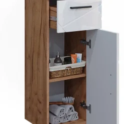 Midischrank Irma Weiß Hochglanz/Goldkraft Eiche 30 x 81 cm Vicco