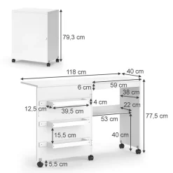 Nähtisch Carmen Weiß 118 x 77.5 cm mit 3 Regalen Vicco