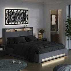 Polsterbett Christin Grau/Eiche 160x200 mit LED, USB-Anschluss & Matratze Vitalispa