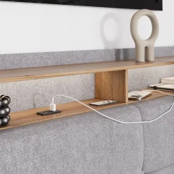 Polsterbett Christin Grau/Eiche 160x200 mit LED, USB-Anschluss & Matratze Vitalispa