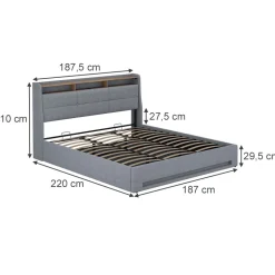 Polsterbett Christin Grau/Eiche 180x200 mit LED, USB-Anschluss & Matratze Vitalispa