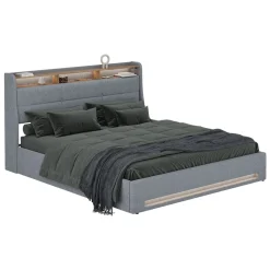 Polsterbett Christin Grau/Eiche 180x200 mit LED, USB-Anschluss & Matratze Vitalispa