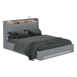 Polsterbett Christin Grau/Eiche 160x200 mit LED und USB-Anschluss Vitalispa