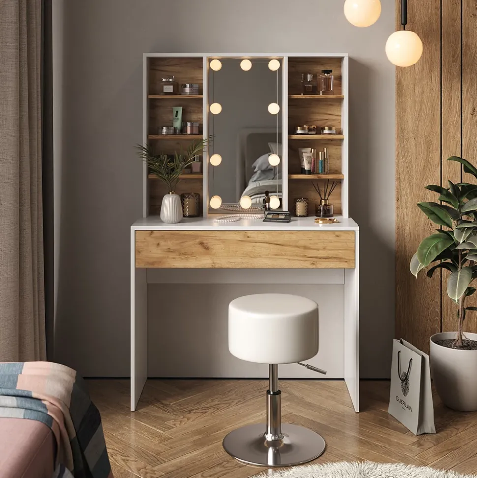 Schminktisch Alexa Goldkraft Eiche/Weiß 93 cm mit Hocker Vicco