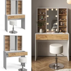 Schminktisch Alexa Goldkraft Eiche/Weiß 93 cm mit Hocker Vicco