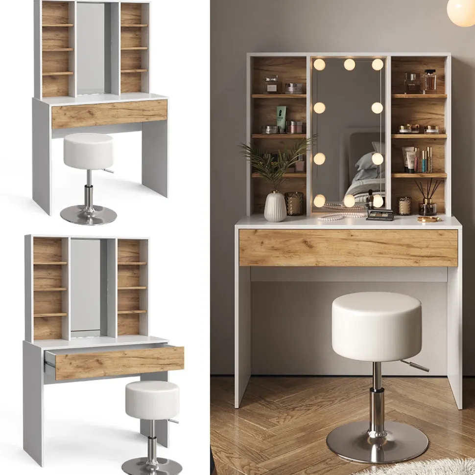 Schminktisch Alexa Goldkraft Eiche/Weiß 93 cm mit Hocker Vicco