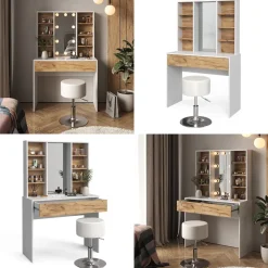 Schminktisch Alexa Goldkraft Eiche/Weiß 93 cm mit Hocker Vicco