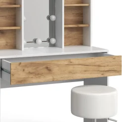 Schminktisch Alexa Goldkraft Eiche/Weiß 93 cm mit LED Beleuchtung und Hocker Vicco