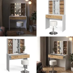 Schminktisch Alexa Goldkraft Eiche/Weiß 93 cm mit LED Beleuchtung und Hocker Vicco