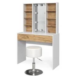 Schminktisch Alexa Goldkraft Eiche/Weiß 93 cm mit LED Beleuchtung und Hocker Vicco