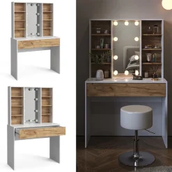 Schminktisch Alexa Goldkraft Eiche/Weiß 93 cm mit LED Beleuchtung Vicco