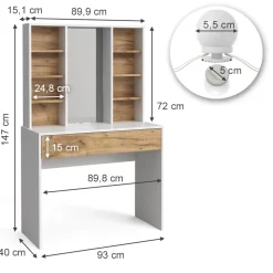 Schminktisch Alexa Goldkraft Eiche/Weiß 93 cm mit LED Beleuchtung Vicco