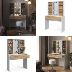 Schminktisch Alexa Goldkraft Eiche/Weiß 93 cm mit LED Beleuchtung Vicco