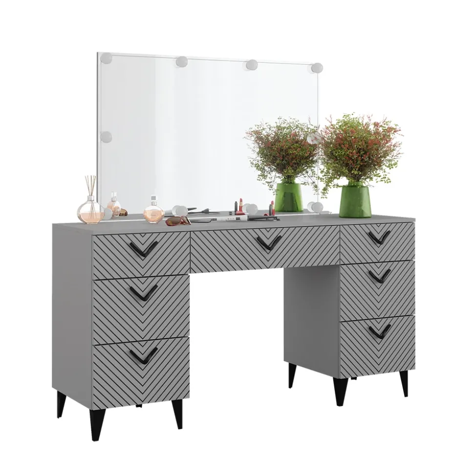 Schminktisch Anett Grau 150 cm mit LED Beleuchtung Vicco