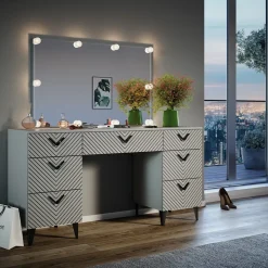 Schminktisch Anett Grau 150 cm mit LED Beleuchtung Vicco