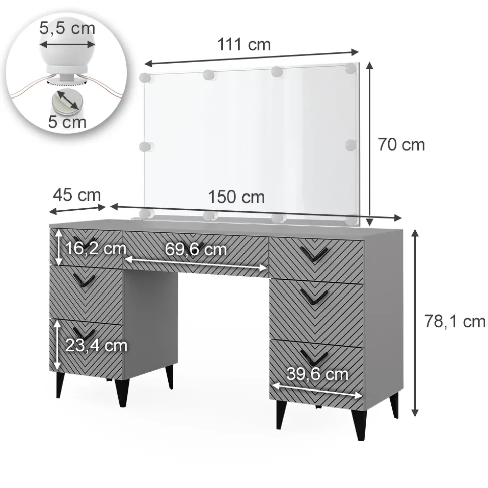 Schminktisch Anett Grau 150 cm mit LED Beleuchtung Vicco