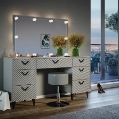 Schminktisch Anett Grau 150 cm mit LED Beleuchtung und Hocker Vicco