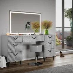 Schminktisch Anett Grau 150 cm mit LED Spiegel und Hocker Vicco