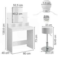 Schminktisch Ania Weiß 80 cm mit LED Beleuchtung und Hocker Vicco