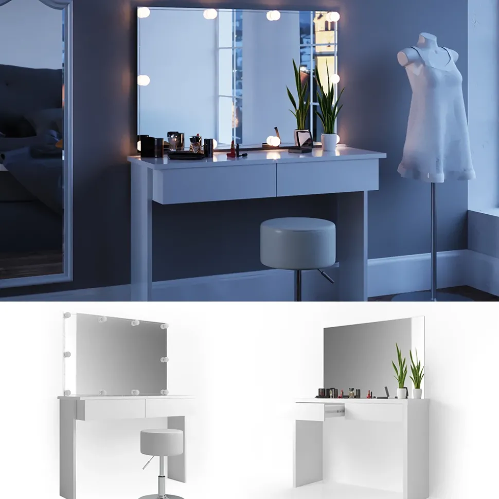 Schminktisch Azur Weiß 120 cm mit LED Beleuchtung und Hocker Vicco