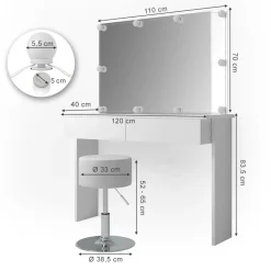 Schminktisch Azur Weiß 120 cm mit LED Beleuchtung und Hocker Vicco