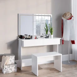 Schminktisch Azur Weiß 120 cm mit LED Spiegel und Bank Vicco