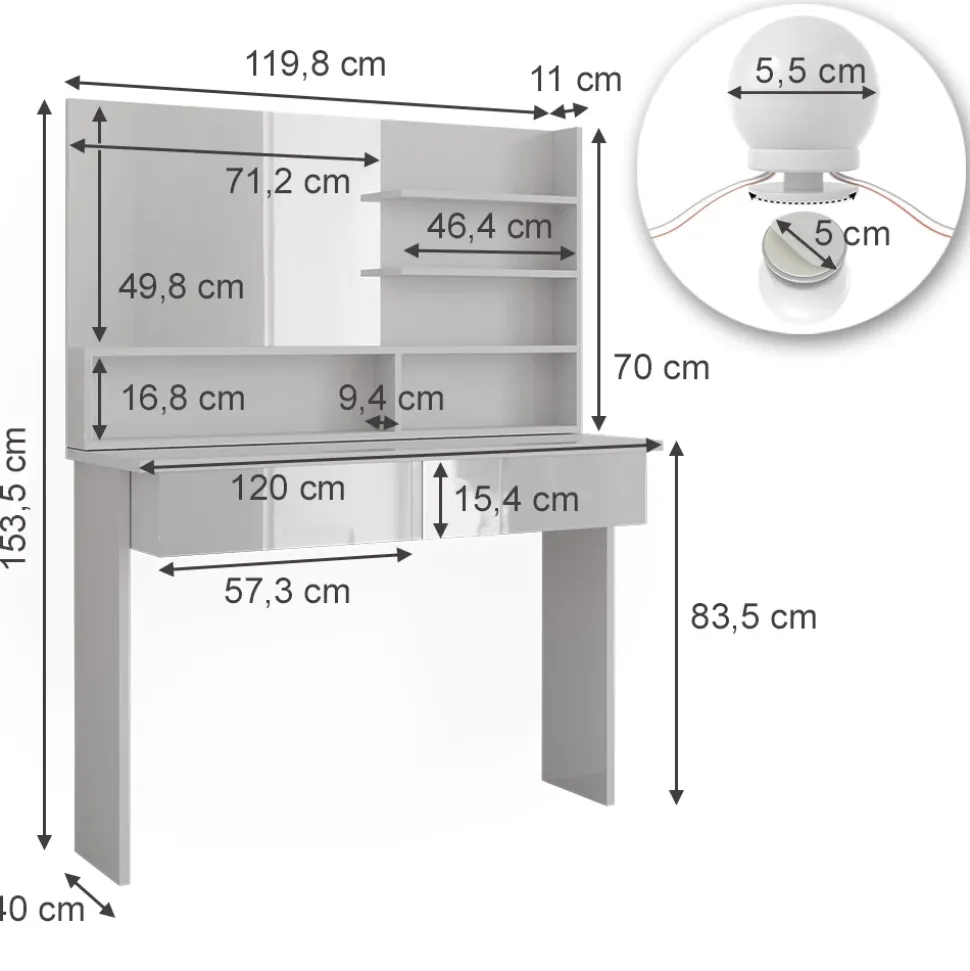 Schminktisch Azur Weiß 120 cm mit LED Beleuchtung Vicco