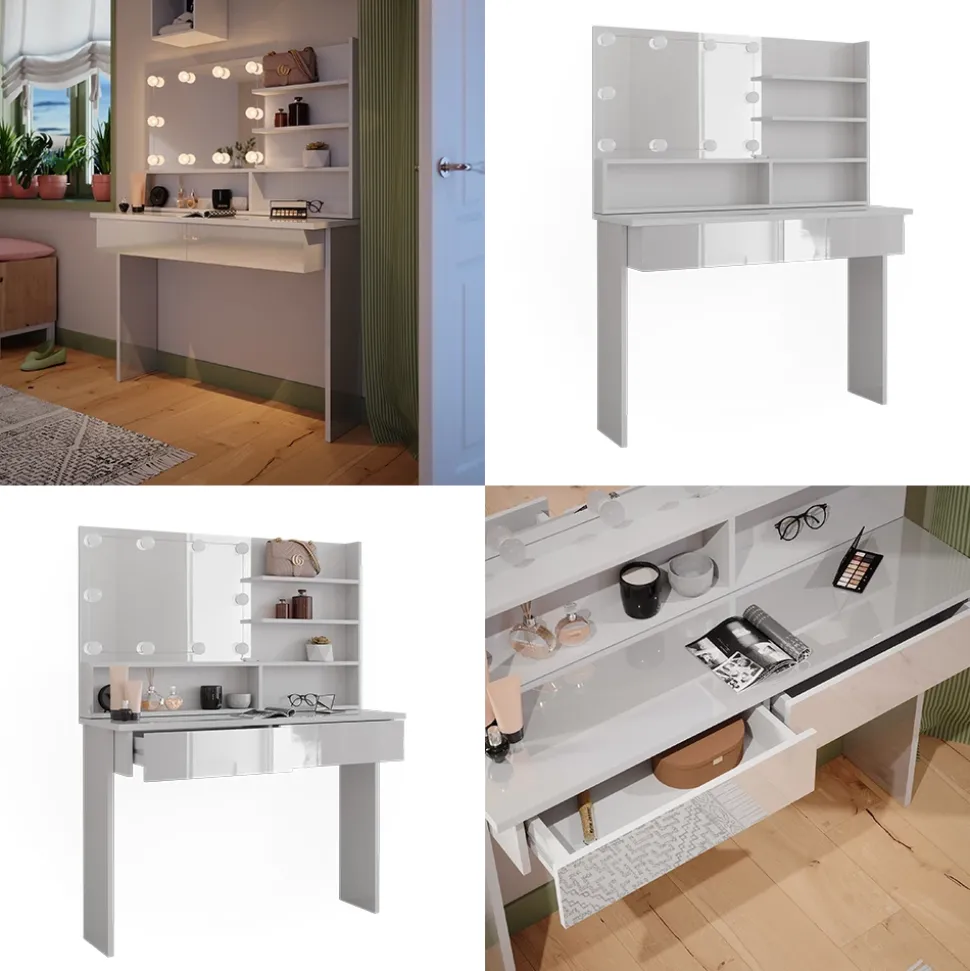 Schminktisch Azur Weiß 120 cm mit LED Beleuchtung Vicco