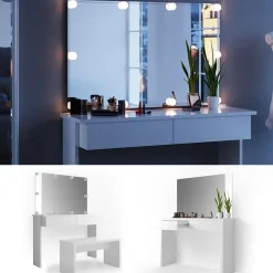 Schminktisch Azur Weiß 120 cm mit LED Beleuchtung und Bank Vicco