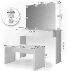 Schminktisch Azur Weiß 120 cm mit LED Beleuchtung und Bank Vicco