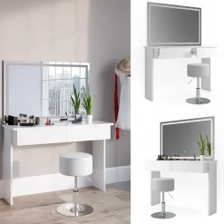 Schminktisch Azur Weiß 120 cm mit LED-Spiegel und Hocker Vicco