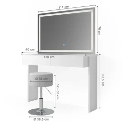 Schminktisch Azur Weiß 120 cm mit LED-Spiegel und Hocker Vicco